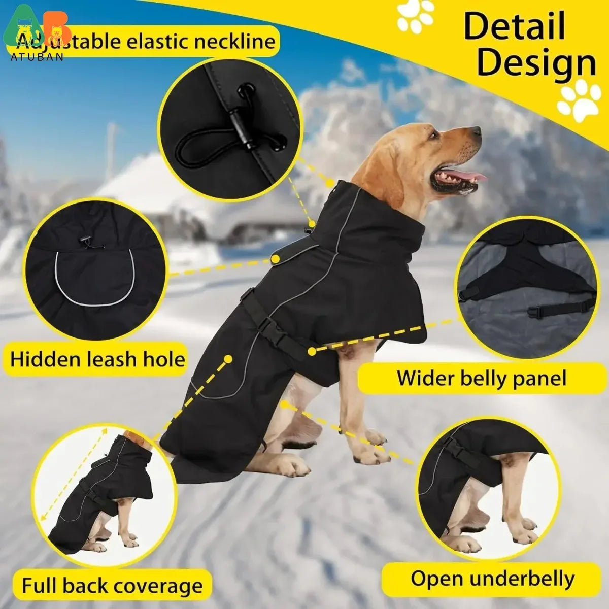 ATUBAN Waterproof Dog Raincoat with Fleece Lining