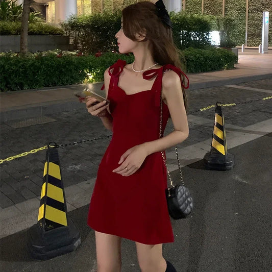 French Style Waist-fitted Mini Dress For Women Spring Summer New Arrival Tank Dress Bodycon Skirt Sexy Red Color Sleeveless